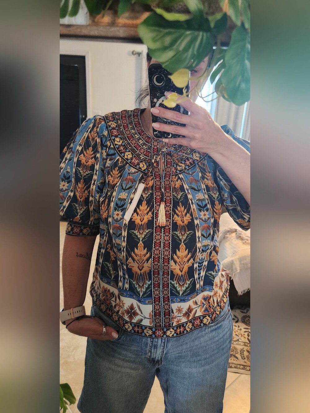 Farm Rio Blue Embroidered Tapestry Puff Sleeve Blouse